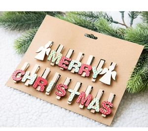 Set de 14 pinces de Noël en bois avec motifs anges et lettres Merry Christmas