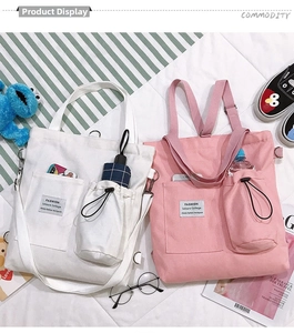 Detail of canvas bag featuring multi-pocket design and adjustable straps for daily use