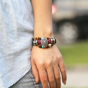 Multi Layer Bracelet Leather Alloy Wood Beads Turquoise Evil Eye Feather Vintage Punk Ethnic Style For Men Women