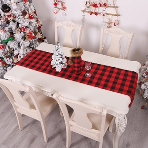 Christmas red and black plaid table runner and wine bottle covers set for holiday table decor