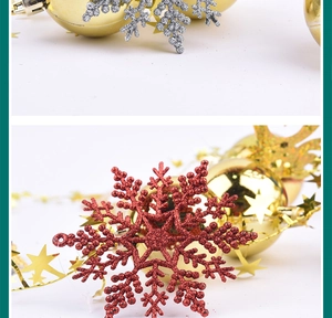 Detailed macro view of gold glitter snowflake ornaments and festive star chain set