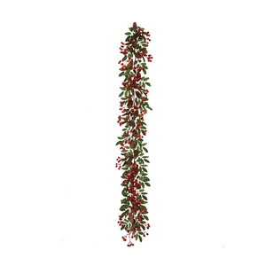 Christmas garland with red berries, natural pine cones and green foliage on white background
