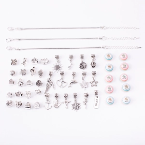 DIY charm bracelet set with silver snake chains, colorful beads and love pendants