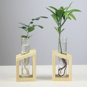 Minimalist Nordic glass test tube vase set with wooden geometric stand for hydroponic plants