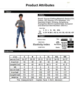 Detailed size chart for high waist ripped skinny jeans with measurements in inches and cm