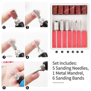 Portable electric nail drill kit with 6 metal bits and 6 sanding bands in a storage box
