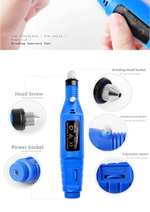 Detailed view of portable electric nail drill with speed control knob and power interface