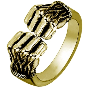 Vintage gold adjustable double fist open ring with detailed muscular texture for men