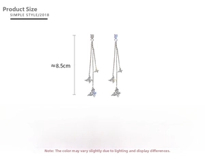 Detailed view of silver butterfly tassel earrings with size 8.5cm and weight 7.2g specs