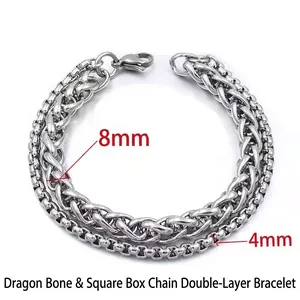 Detail of 8mm dragon bone and 4mm box chain layered stainless steel bracelet