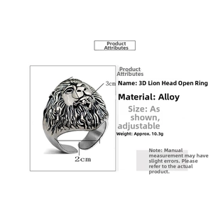 Detailed view of 3D lion head ring dimensions showing 3cm height and 2cm width size