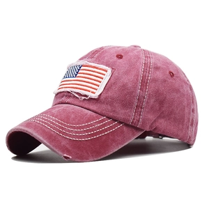 Detailed view of washed cotton vintage ponytail baseball cap with US flag embroidery