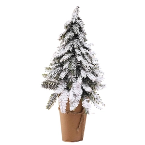 Miniature flocked PE Christmas tree with realistic snow in a rustic burlap wrapped base