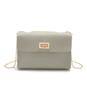 Detailed shot of a grey PU leather mini crossbody bag with gold chain strap and buckle