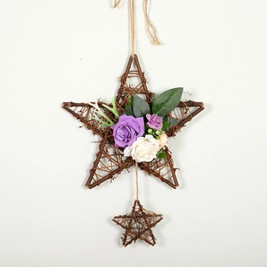 Handmade Star Shaped Vine Wreath Wall Hanging Simulation Rose Flower Pine Cone Berry Pentagram Home Decoration