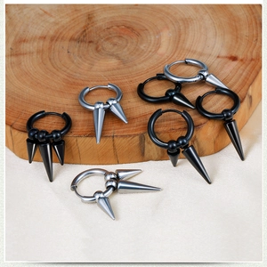 Punk style stainless steel cone drop earrings in black and silver for men and women