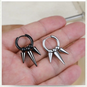 Punk style stainless steel hoop earrings with hanging cone spikes in silver and black