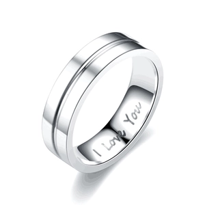 Silver titanium steel couple ring with I Love You engraving and grooved exterior