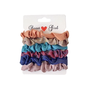 6-piece pack of metallic satin scrunchies in assorted colors on a display card