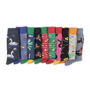 Colorful cotton crew socks set featuring cute animal and geometric patterns on white background