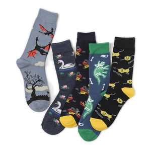 Flat lay of five mid-calf cotton socks with animal patterns and chemical formulas