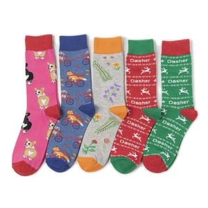 Five pairs of cotton crew socks featuring cute cartoon animals and floral knit patterns