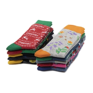 Close-up of colorful cotton socks with deer prints and floral patterns in various colors