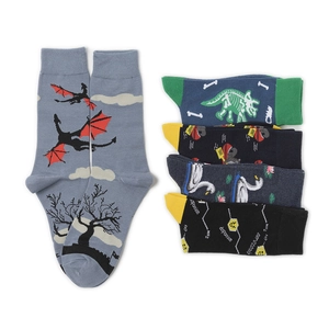 Detail view of cotton crew socks with creative dopamine chemical patterns in grey and blue