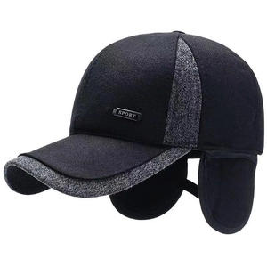 Mens winter wool baseball cap with ear flaps in black and grey sport style