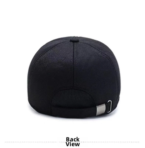 Detail of black wool baseball cap featuring adjustable metal buckle and elastic strap