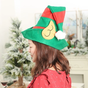 Classic green and red striped Christmas elf hat with golden ears and white pompom