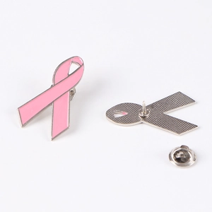 Pink ribbon breast cancer awareness enamel badge with a silver butterfly clasp back