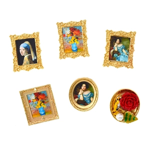 6-piece vintage gold baroque brooch set with Renaissance oil painting miniature frames