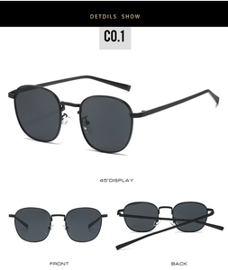 Vues détaillées de lunettes de soleil en métal noir avec verres ronds gris sous trois angles