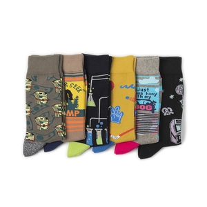 Set of six cotton crew socks featuring creative patterns like retro games and camping motifs