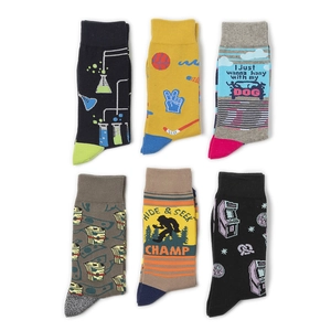 Set of six cotton athletic socks with creative graphic prints in a neat flat layout