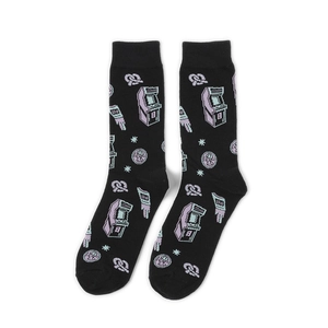 Detail of crew socks with pixel art gaming icons and cans on knit cotton fabric