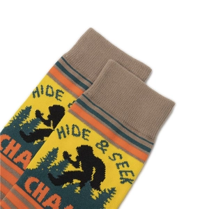 Detail of ribbed cuffs on cotton socks featuring Bigfoot silhouette and Hide & Seek text