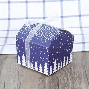 Dark blue roof-shaped Christmas gift box with white snowflake and pine tree patterns