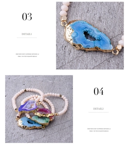 Detail view of faceted agate druzy bead bracelets in blue, purple, rose and green