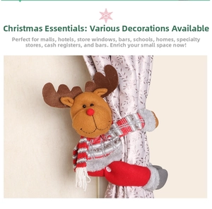 Close-up of a festive Christmas reindeer curtain tieback on gray floral fabric