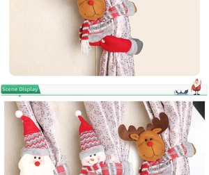 Detailed view of plush Santa, Snowman and Reindeer Christmas curtain tieback decorations