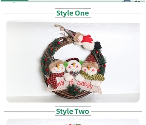 Detail of Christmas wreath with plush snowmen, pine needles and Let it snow banner