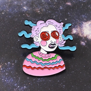 Quirky girl enamel brooch with pink hair and spiral glasses on starry background