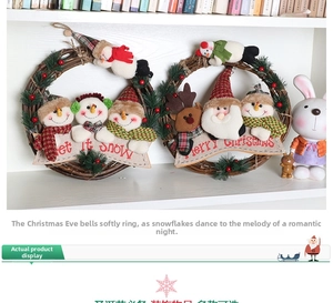 Detail of rattan Christmas wreath featuring 3D plush Santa, Snowman and Reindeer dolls