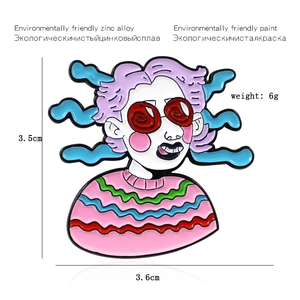 Detail view showing dimensions of quirky purple hair cartoon girl enamel brooch pin