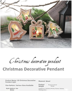 Detail of 3D wooden Christmas hanging lights with LED stars and bells in festive decor