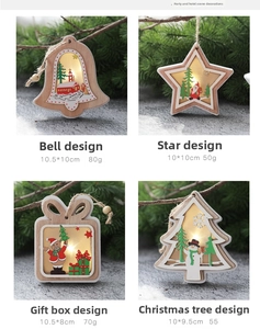 Detail of four light-up wooden Christmas ornaments with LED star and tree motifs
