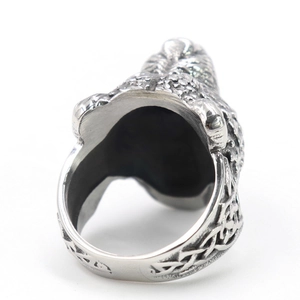 Retro Viking wolf head ring for men in antique silver finish with Celtic knot patterns