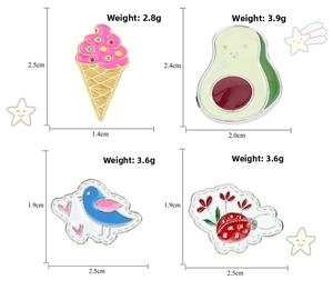 Dettagli su dimensioni e peso per spille smaltate avocado, gelato, uccello e coccinella